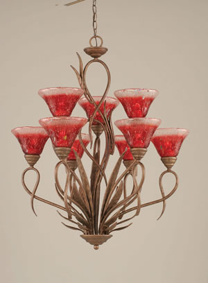 Leaf 9 Light Chandelier Shown In Bronze Finish With 7" Raspberry Crystal Glass