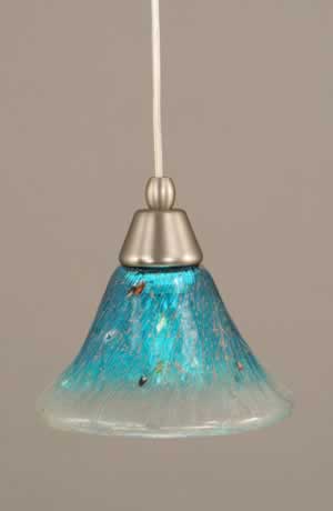 Cord Mini Pendant Shown In Brushed Nickel Finish With 7" Teal Crystal Glass