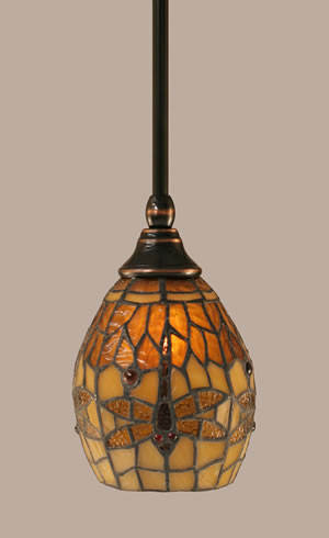 Stem Mini Pendant With Hang Straight Swivel Shown In Black Copper Finish With 5.5” Amber Dragonfly Tiffany Glass