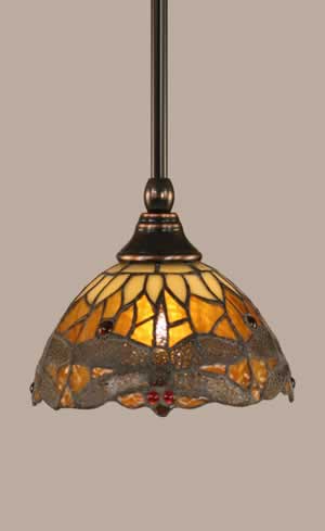 Stem Mini Pendant With Hang Straight Swivel Shown In Black Copper Finish With 7” Amber Dragonfly Tiffany Glass