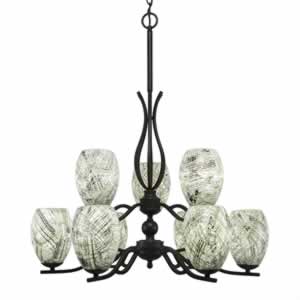 Revo 9 Light Chandelier Shown In Dark Granite Finish With 5” Natural Fusion Glass