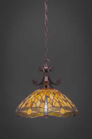 Curl Pendant Shown In Bronze Finish With 16" Amber Dragonfly Tiffany Glass