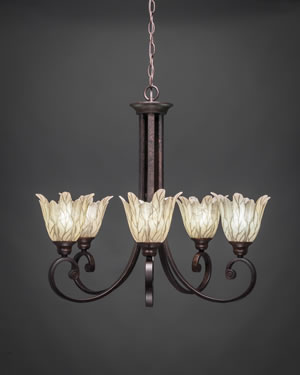 Curl 5 Light Chandelier Shown In Bronze Finish With 7" Vanilla Leaf Glass