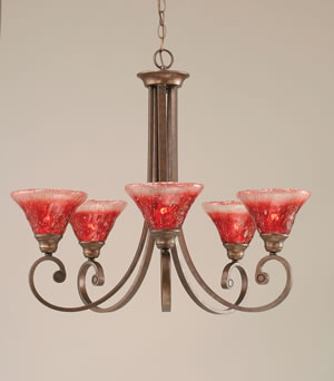 Curl 5 Light Chandelier Shown In Bronze Finish With 7" Raspberry Crystal Glass