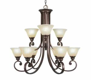 Curl 9 Light Chandelier Shown In Bronze Finish With 7" Amber Marble Glass