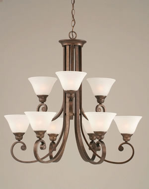 Curl 9 Light Chandelier Shown In Bronze Finish With 7" White Marble Glass