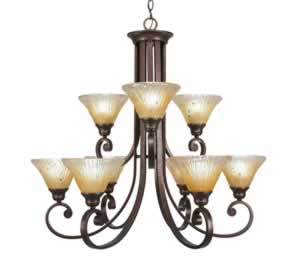 Curl 9 Light Chandelier Shown In Bronze Finish With 7" Amber Crystal Glass