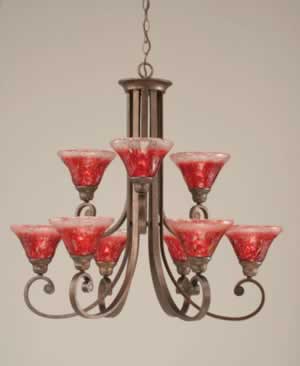 Curl 9 Light Chandelier Shown In Bronze Finish With 7" Raspberry Crystal Glass