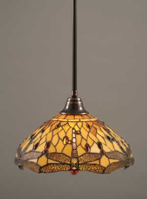 Stem Pendant With Hang Straight Swivel Shown In Black Copper Finish With 16" Amber Dragonfly Tiffany Glass