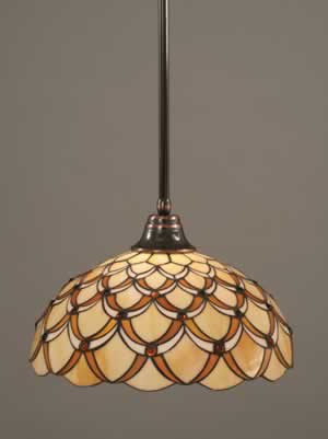 Stem Pendant With Hang Straight Swivel Shown In Black Copper Finish With 16" Honey & Brown Scallop Tiffany Glass