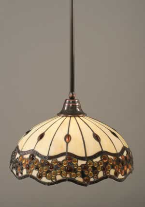 Stem Pendant With Hang Straight Swivel Shown In Black Copper Finish With 16" Roman Jewel Tiffany Glass