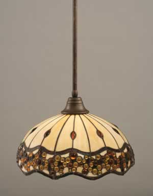 Stem Pendant With Hang Straight Swivel Shown In Bronze Finish With 16" Roman Jewel Tiffany Glass