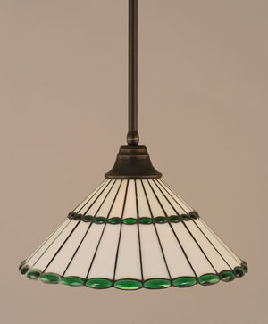 Stem Pendant With Hang Straight Swivel Shown In Dark Granite Finish With 15.5" Honey Glass & Green Jewels Tiffany Glass