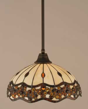 Stem Pendant With Hang Straight Swivel Shown In Dark Granite Finish With 16" Roman Jewel Tiffany Glass