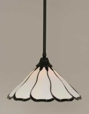 Stem Pendant With Hang Straight Swivel Shown In Matte Black Finish With 16" Pearl & Black Flair Tiffany Glass