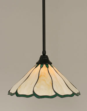 Stem Pendant With Hang Straight Swivel Shown In Matte Black Finish With 16" Honey & Hunter Green Flair Tiffany Glass