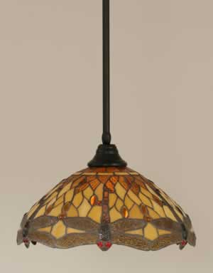 Stem Pendant With Hang Straight Swivel Shown In Matte Black Finish With 16" Amber Dragonfly Tiffany Glass