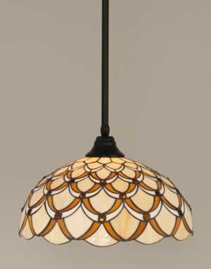 Stem Pendant With Hang Straight Swivel Shown In Matte Black Finish With 16" Honey & Brown Scallop Tiffany Glass