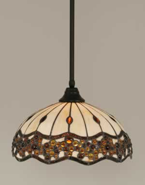 Stem Pendant With Hang Straight Swivel Shown In Matte Black Finish With 16" Roman Jewel Tiffany Glass