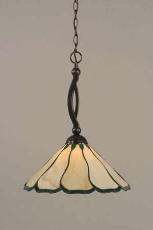Bow Pendant Shown In Black Copper Finish With 16" Honey & Hunter Green Flair Tiffany Glass