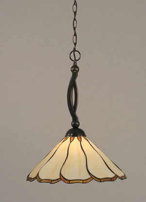 Bow Pendant Shown In Black Copper Finish With 16" Honey & Brown Flair Tiffany Glass