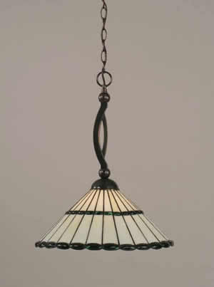 Bow Pendant Shown In Black Copper Finish With 15.5" Honey Glass & Green Jewels Tiffany Glass