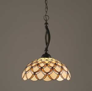 Bow Pendant Shown In Black Copper Finish With 16" Honey & Brown Scallop Tiffany Glass
