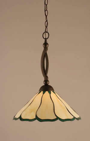 Bow Pendant Shown In Bronze Finish With 16" Honey & Hunter Green Flair Tiffany Glass