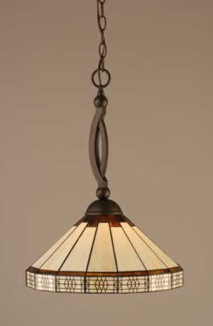 Bow Pendant Shown In Bronze Finish With 15" Honey & Brown Mission Tiffany Glass