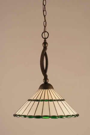 Bow Pendant Shown In Bronze Finish With 15.5" Honey Glass & Green Jewels Tiffany Glass