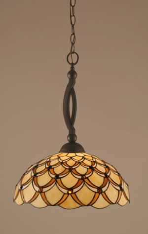 Bow Pendant Shown In Bronze Finish With 16" Honey & Brown Scallop Tiffany Glass