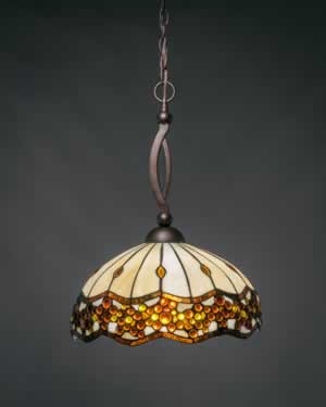 Bow Pendant Shown In Bronze Finish With 16" Roman Jewel Tiffany Glass