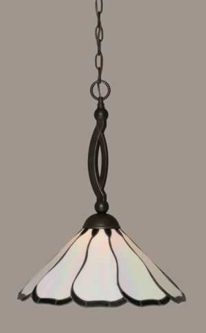 Bow Pendant Shown In Dark Granite Finish With 16" Pearl & Black Flair Tiffany Glass