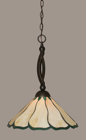 Bow Pendant Shown In Dark Granite Finish With 16" Honey & Hunter Green Flair Tiffany Glass