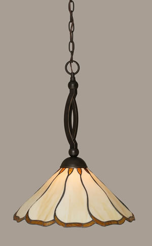 Bow Pendant Shown In Dark Granite Finish With 16" Honey & Brown Flair Tiffany Glass