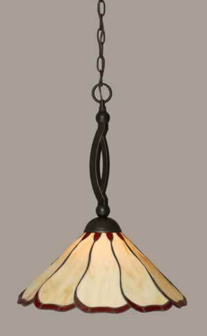 Bow Pendant Shown In Dark Granite Finish With 16" Honey & Burgundy Flair Tiffany Glass