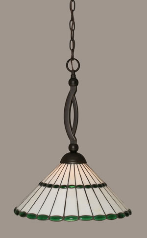 Bow Pendant Shown In Dark Granite Finish With 15.5" Honey Glass & Green Jewels Tiffany Glass
