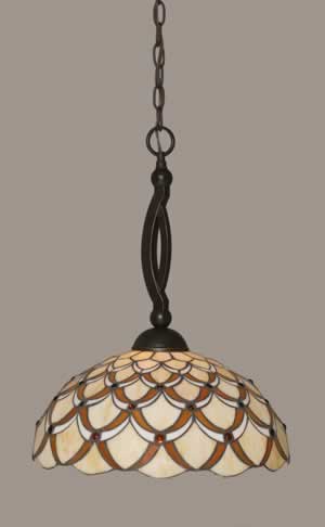 Bow Pendant Shown In Dark Granite Finish With 16" Honey & Brown Scallop Tiffany Glass