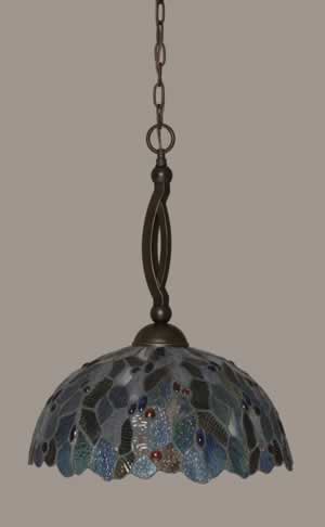 Bow Pendant Shown In Dark Granite Finish With 16" Blue Mosaic Tiffany Glass