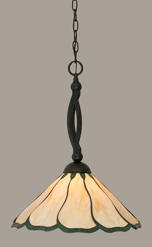 Bow Pendant Shown In Matte Black Finish With 16" Honey & Hunter Green Flair Tiffany Glass