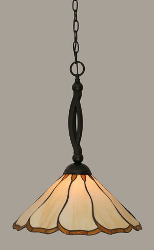 Bow Pendant Shown In Matte Black Finish With 16" Honey & Brown Flair Tiffany Glass