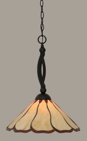 Bow Pendant Shown In Matte Black Finish With 16" Honey & Burgundy Flair Tiffany Glass