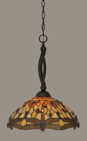 Bow Pendant Shown In Matte Black Finish With 16" Amber Dragonfly Tiffany Glass