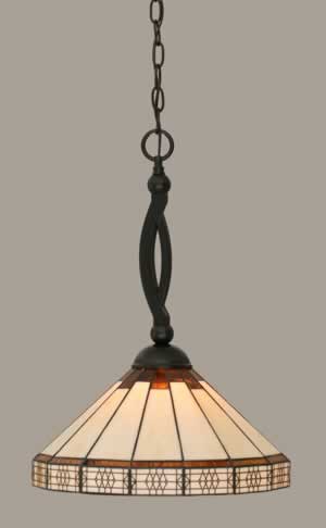 Bow Pendant Shown In Matte Black Finish With 15" Honey & Brown Mission Tiffany Glass