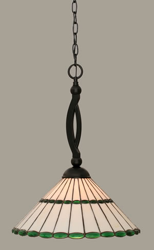 Bow Pendant Shown In Matte Black Finish With 15.5" Honey Glass & Green Jewels Tiffany Glass