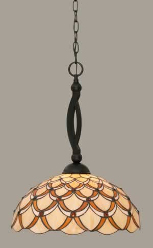 Bow Pendant Shown In Matte Black Finish With 16" Honey & Brown Scallop Tiffany Glass