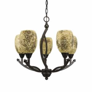 Bow 5 Light Chandelier Shown In Bronze Finish With 5" Gold Fusion Glass