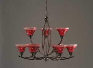 Bow 9 Light Chandelier Shown In Black Copper Finish With 7" Raspberry Crystal Glass