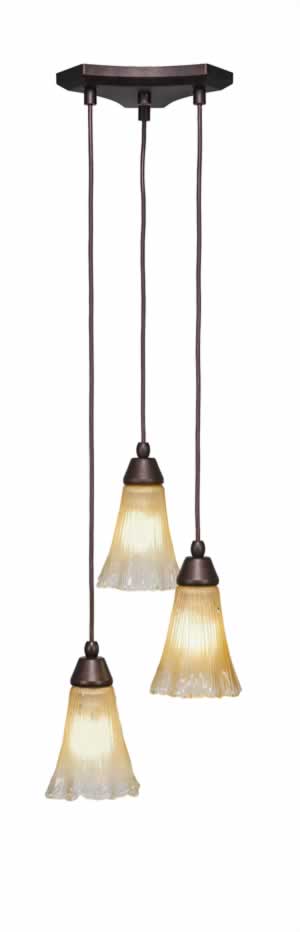 Europa 3 Light Multi Mini Pendant Shown In Bronze Finish With 5.5" Amber Crystal Glass