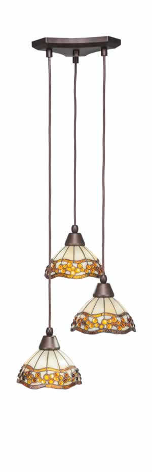 Europa 3 Light Multi Mini Pendant Shown In Bronze Finish With 7” Roman Jewel Tiffany Glass